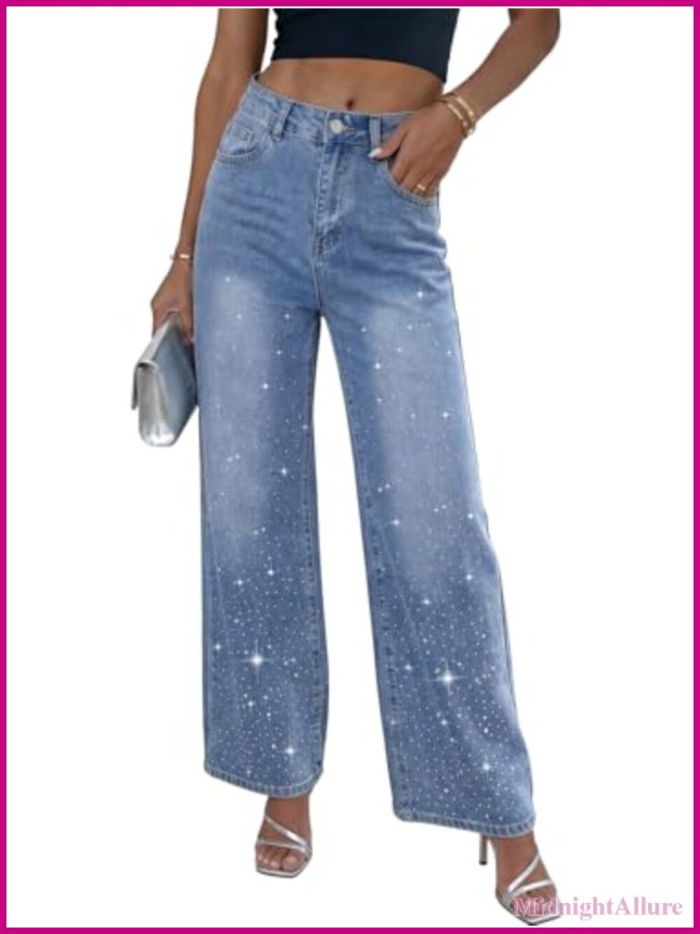 Rhinestone Jeans High Waisted Wide Leg Baggy Denim Pants